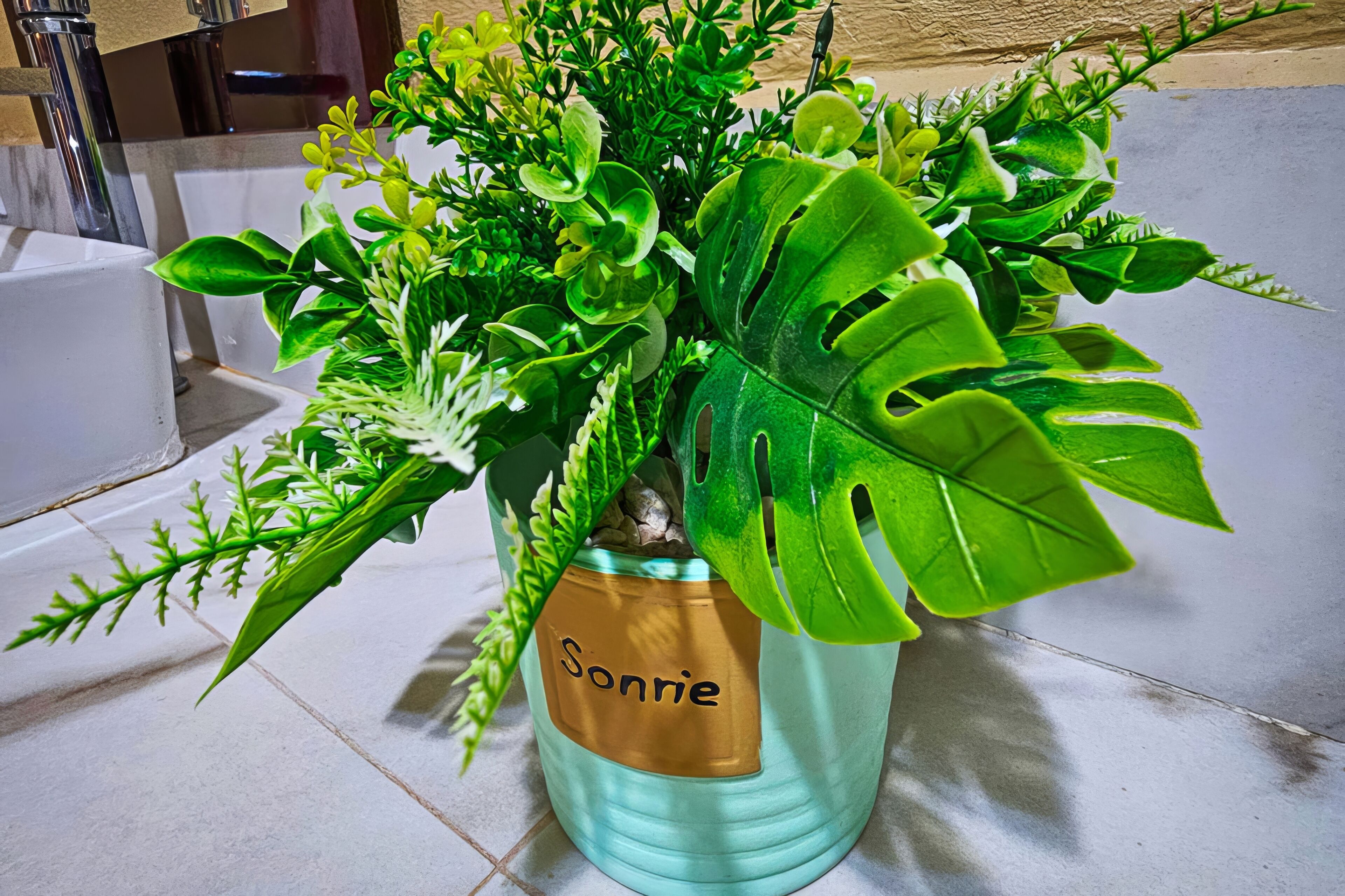 Una planta en maceta con el nombre "Sonnie" sobre un piso de baldosas.