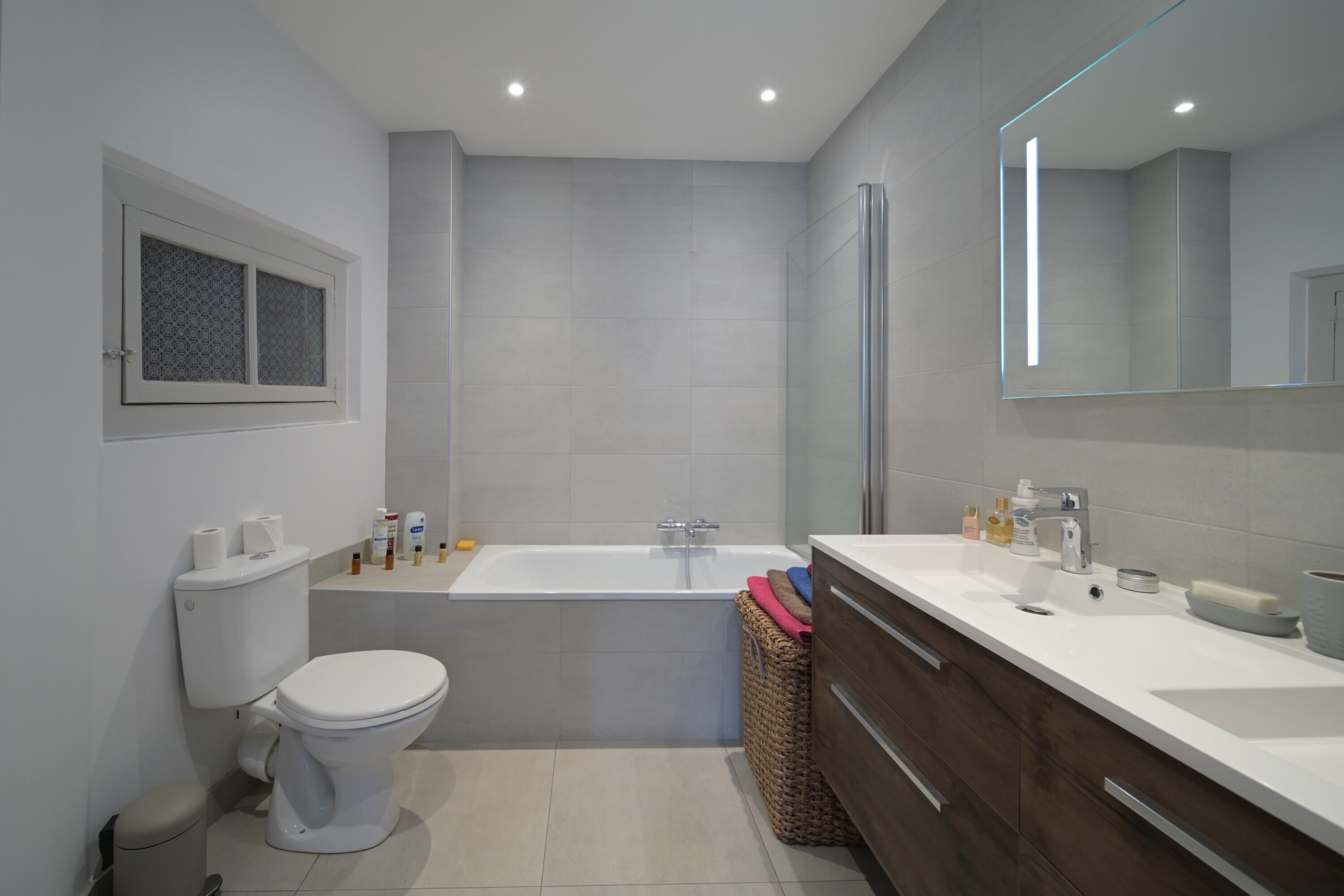 Shower, hair dryer, towels