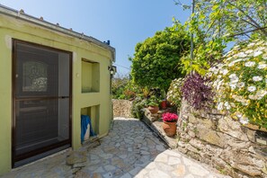 A stone pathway leading to a building with a green door, surrounded by potted plants and a stone wall.