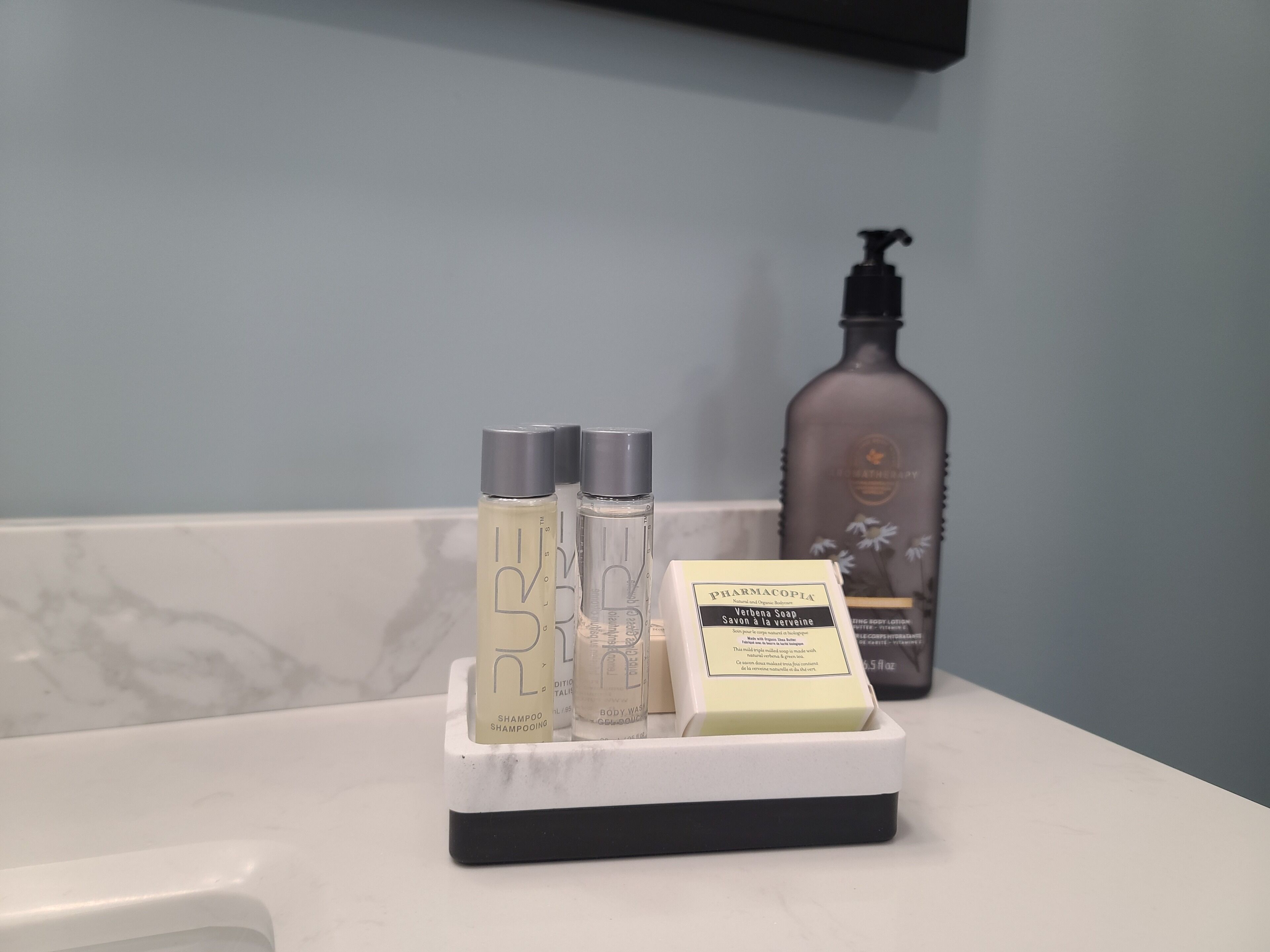 Un meuble-lavabo de salle de bain avec un évier en marbre, un distributeur de savon et une bouteille de shampoing.