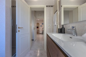 Shower, hair dryer, bidet, towels