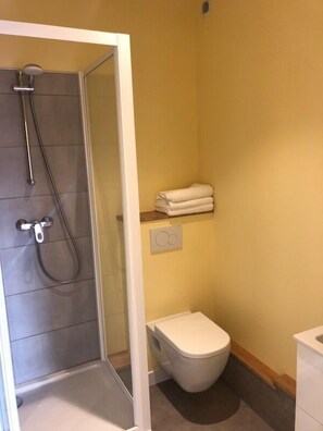 Ein Badezimmer mit Dusche, Toilette und Handtuchhalter.