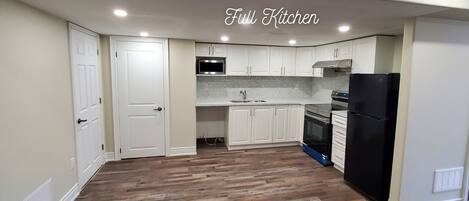 Fridge, microwave, stovetop, electric kettle