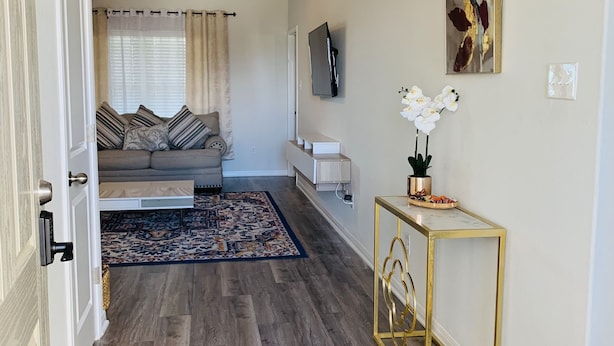 A modern living room with a sofa, a coffee table, a TV, and a decorative plant.