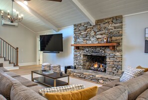 Televisión, chimenea, libros