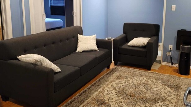 A living room with a black sofa, a black armchair, and a patterned rug.