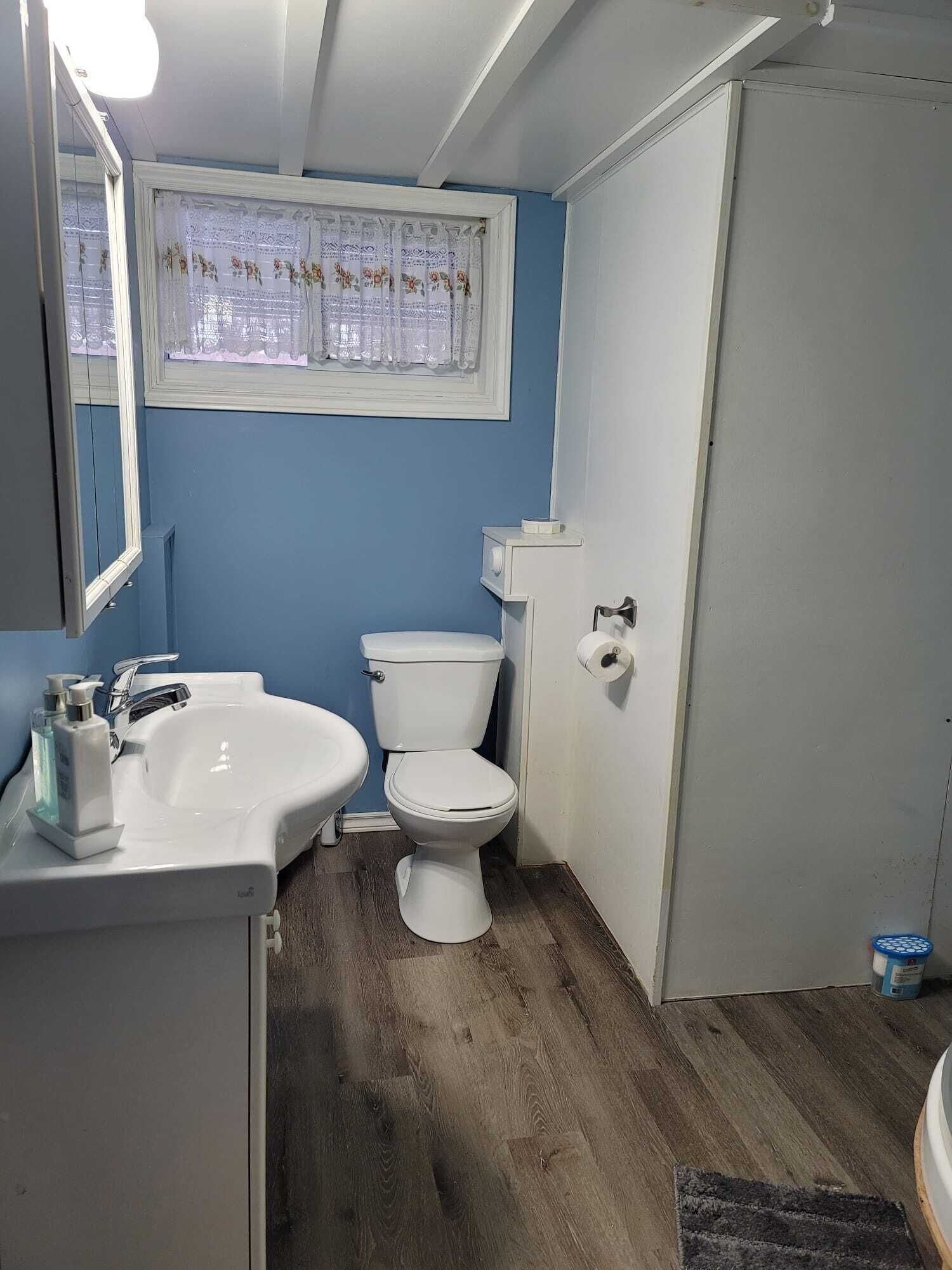 Un baño con lavamanos, inodoro y ventana con cortinas de encaje.