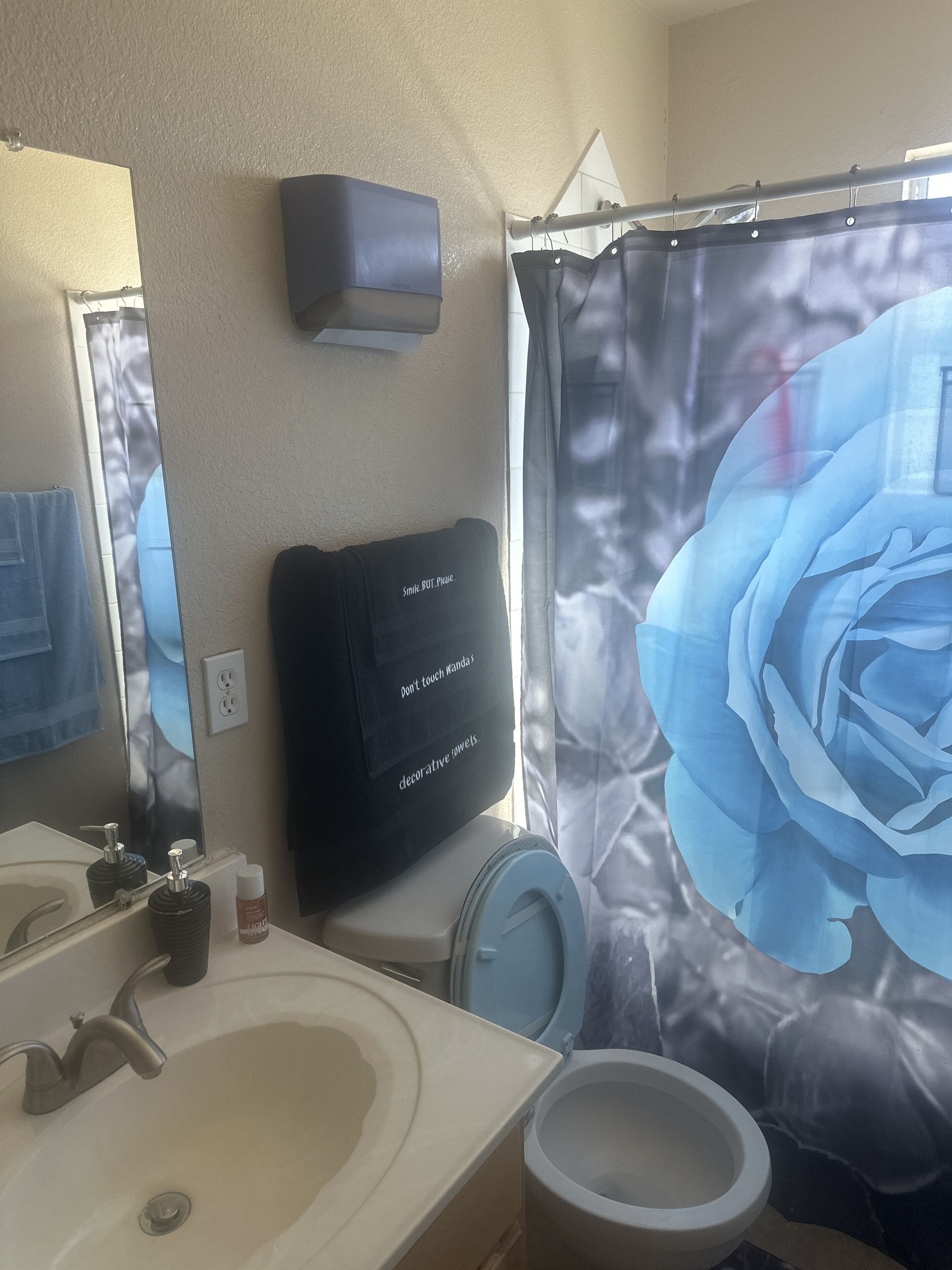 A bathroom with a sink, mirror, toilet, and a shower curtain with a floral design.