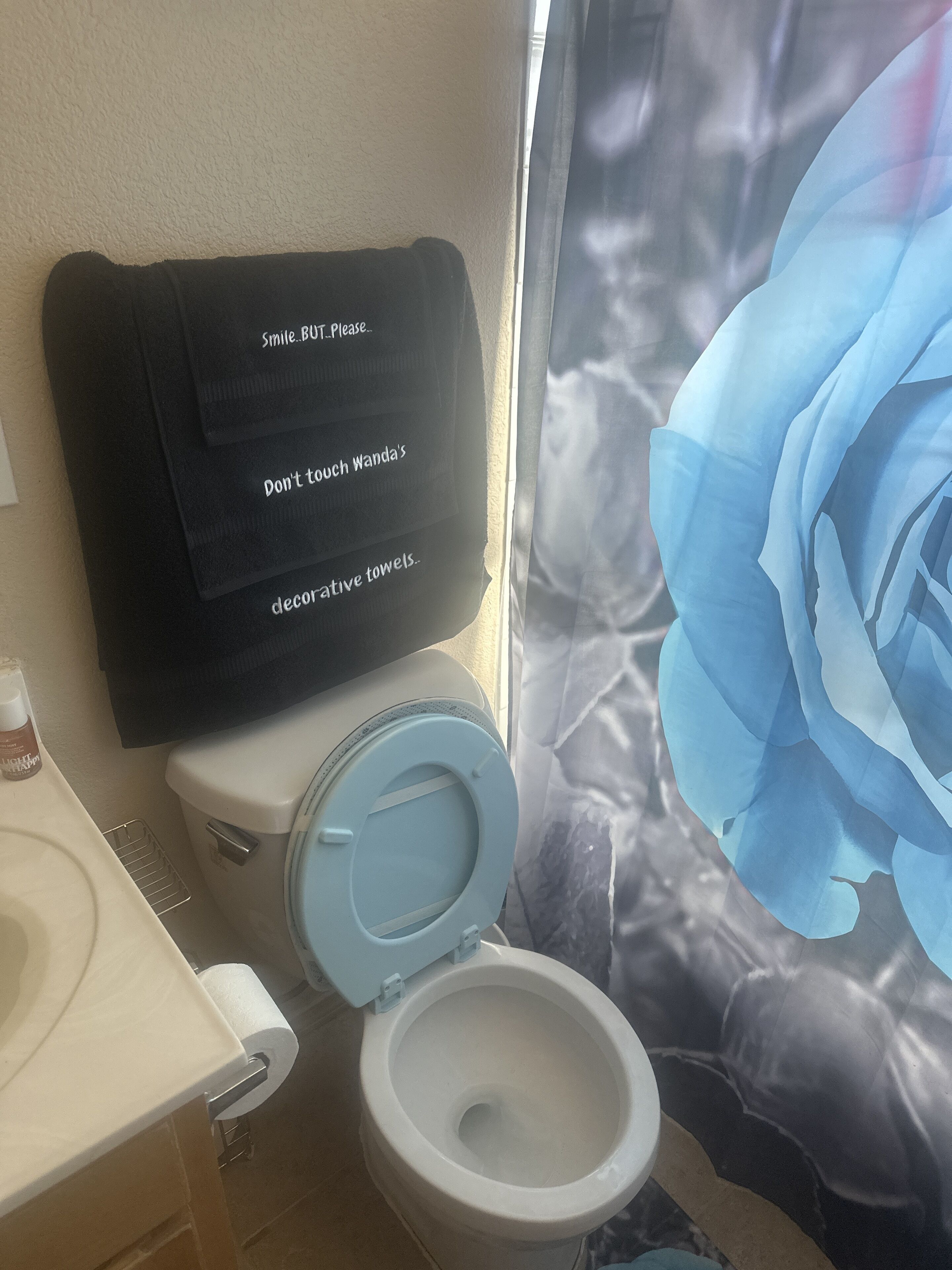 A bathroom with a toilet, a sink, and a decorative towel holder with messages.