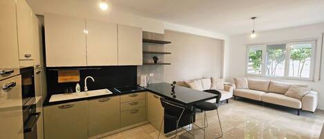 Fridge, microwave, oven, toaster