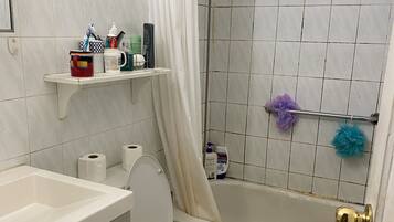 Hair dryer, towels, soap, toilet paper