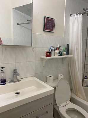 Hair dryer, towels, soap, toilet paper