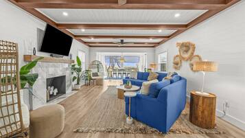 Smart TV, fireplace, stereo, printers