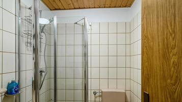 Een douche met een glazen deur, een houten plafond en betegelde wanden.
