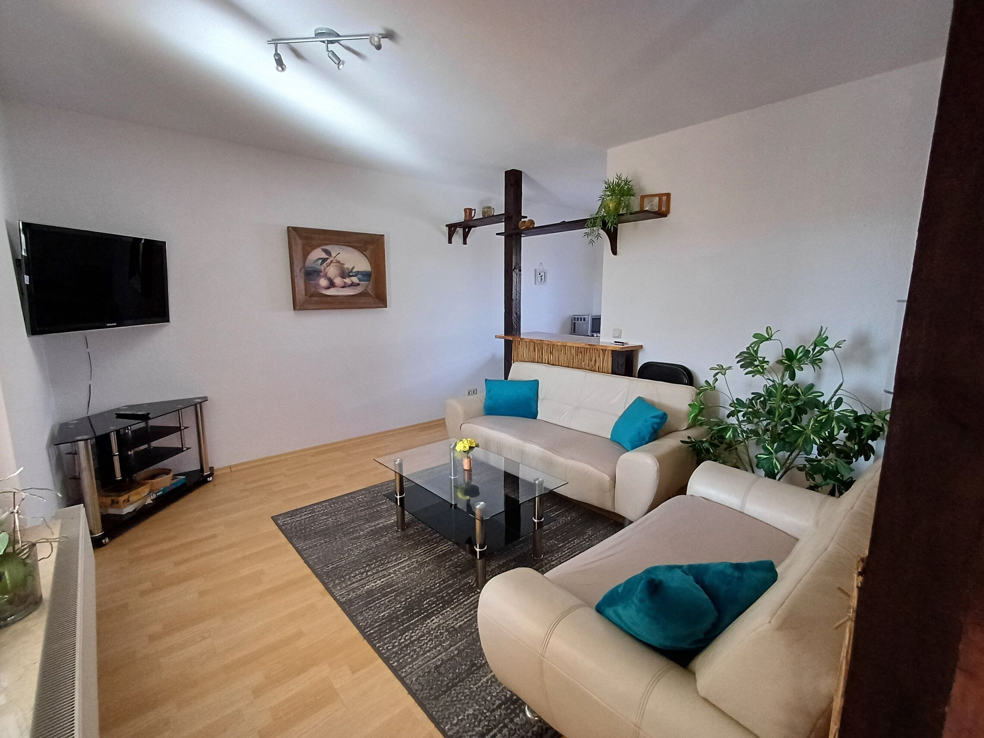 Ein Wohnzimmer mit einer Couch, einem Couchtisch, einem Fernseher und einer Pflanze.