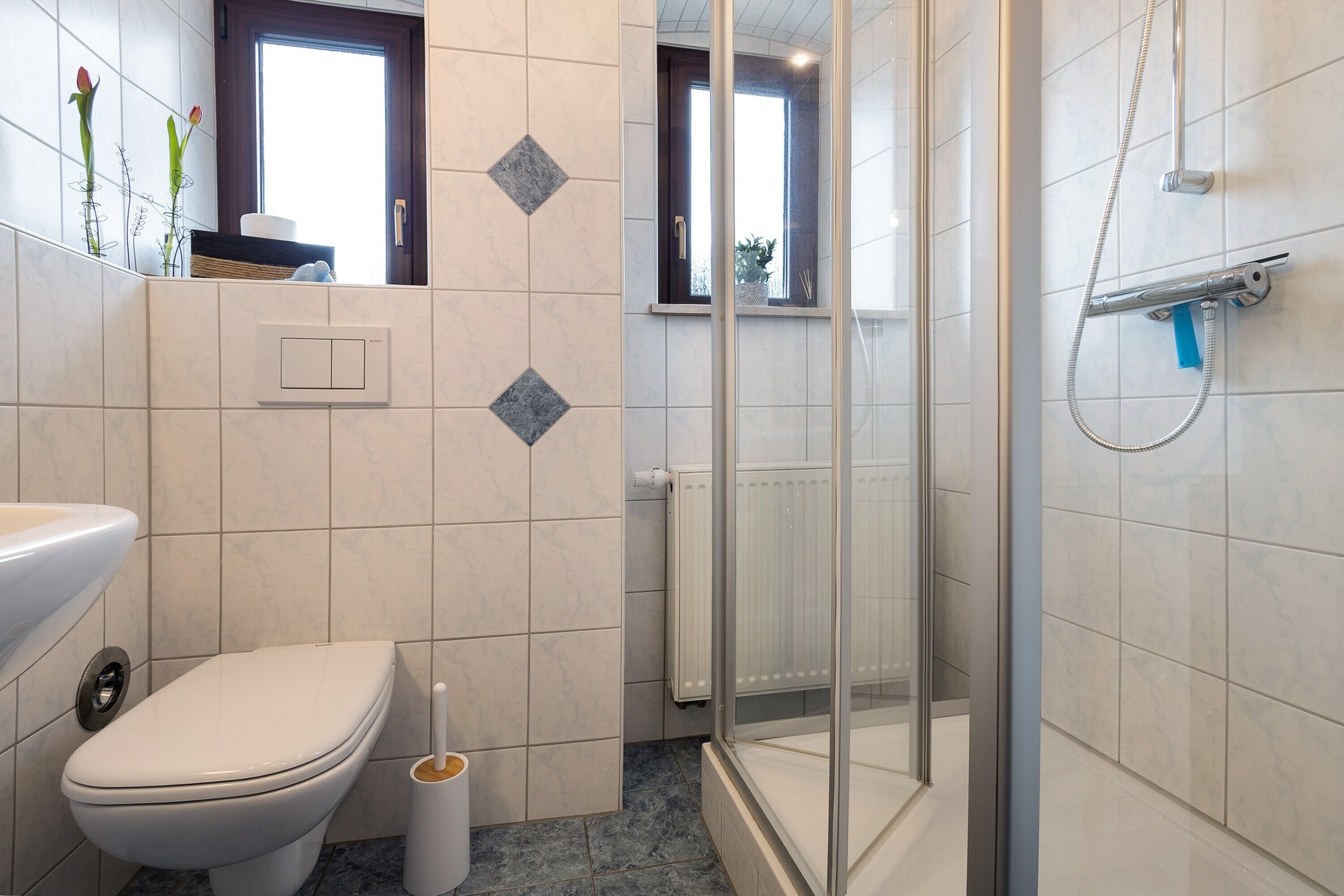 A bathroom with a toilet, a shower, and a window.