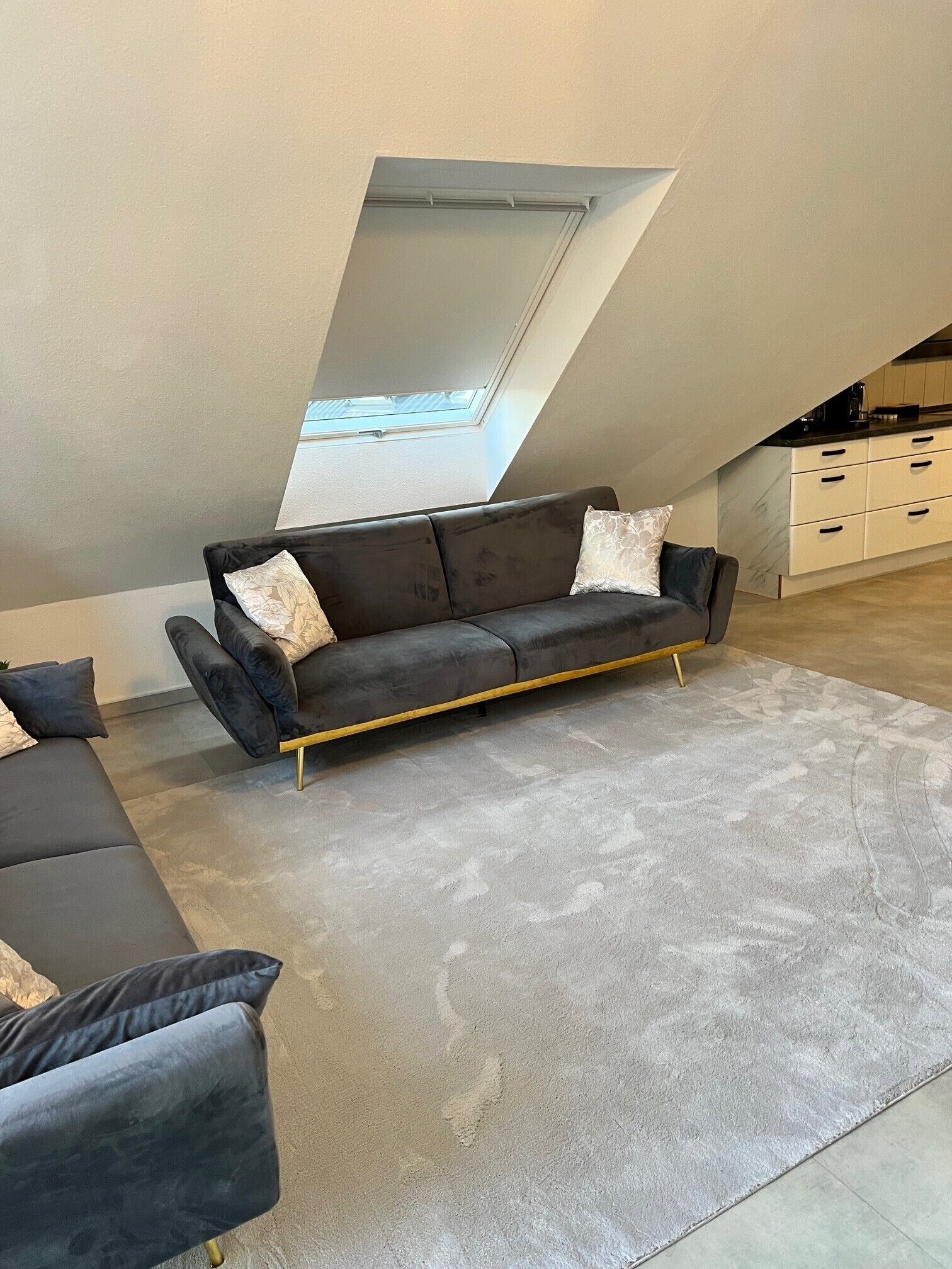 Ein modernes Schlafzimmer im Loft-Stil mit einer Couch, einem Essbereich und einem Oberlicht.