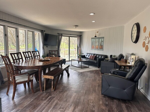 Smart TV, fireplace, foosball