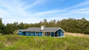 Ein blaues Haus mit geneigtem Dach, umgeben von üppiger Vegetation und Bäumen.