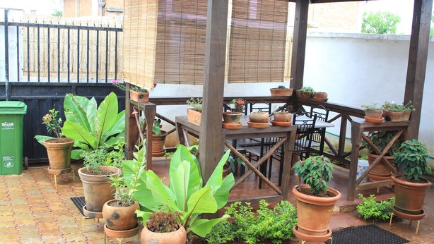 A covered patio area with a wooden table and chairs, surrounded by terracotta planters with various plants. - TOKY Hôtel (Antsirabe)