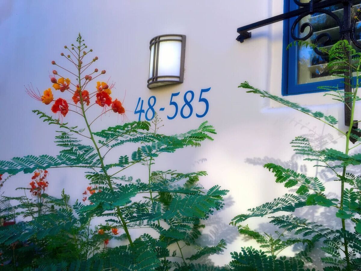 Une façade d'immeuble avec le numéro « 48-585 » et une petite fenêtre.