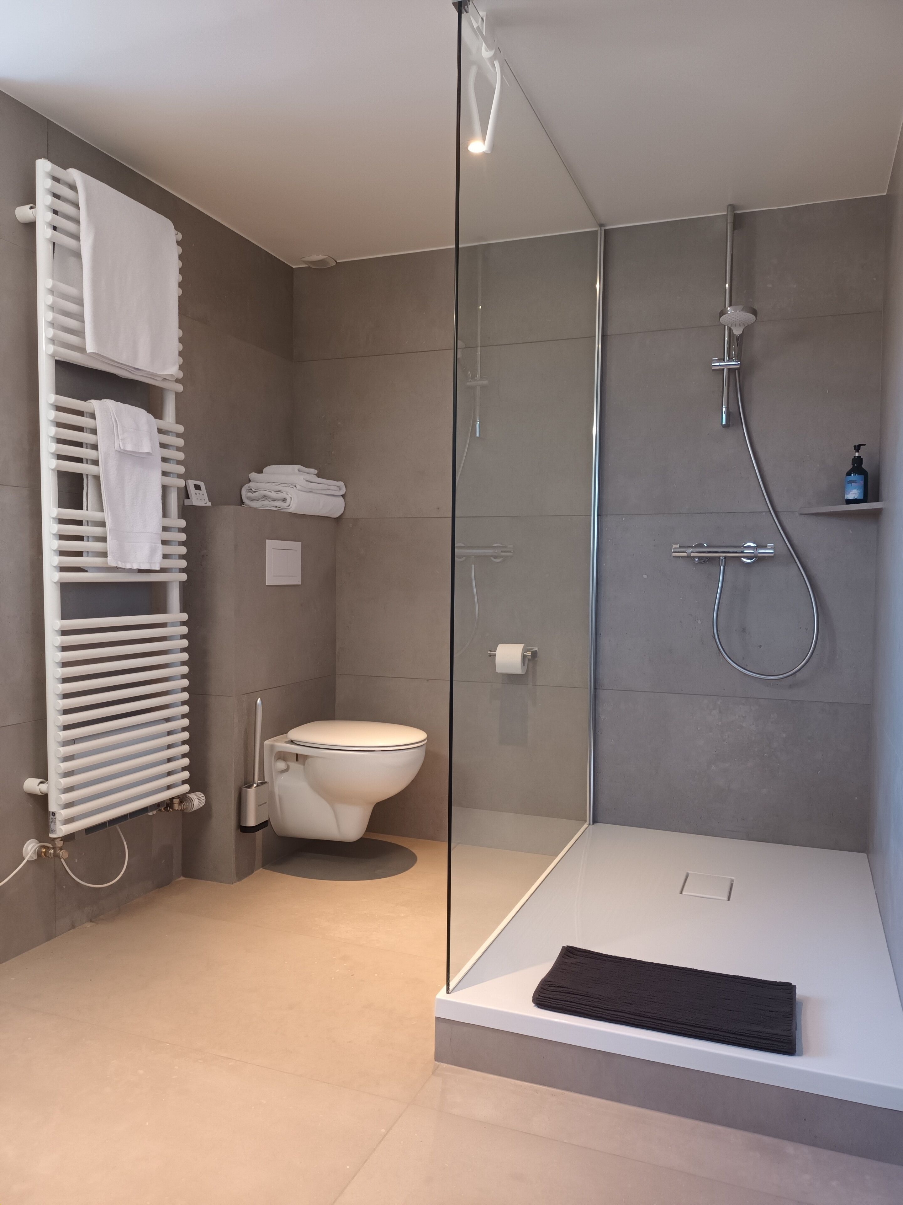 Ein modernes Badezimmer mit einer Duschkabine, einer Toilette und einem Handtuchhalter mit gefalteten Handtüchern.