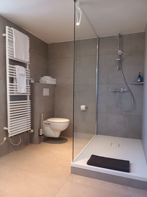 A modern bathroom with a glass-enclosed shower, a toilet, and a towel rack with folded towels. - L'Albizia Maison d'Hôtes (Libin)