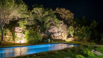 A nighttime view of a swimming pool surrounded by lush greenery and rocky terrain.