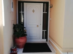 Uma porta branca com um bate-boca de latão, um tapete preto na entrada e um grande vaso de planta à esquerda.