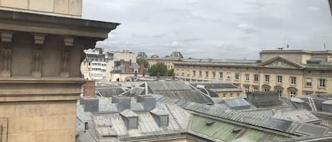 A view of a cityscape with historical buildings and a prominent classical structure with columns.