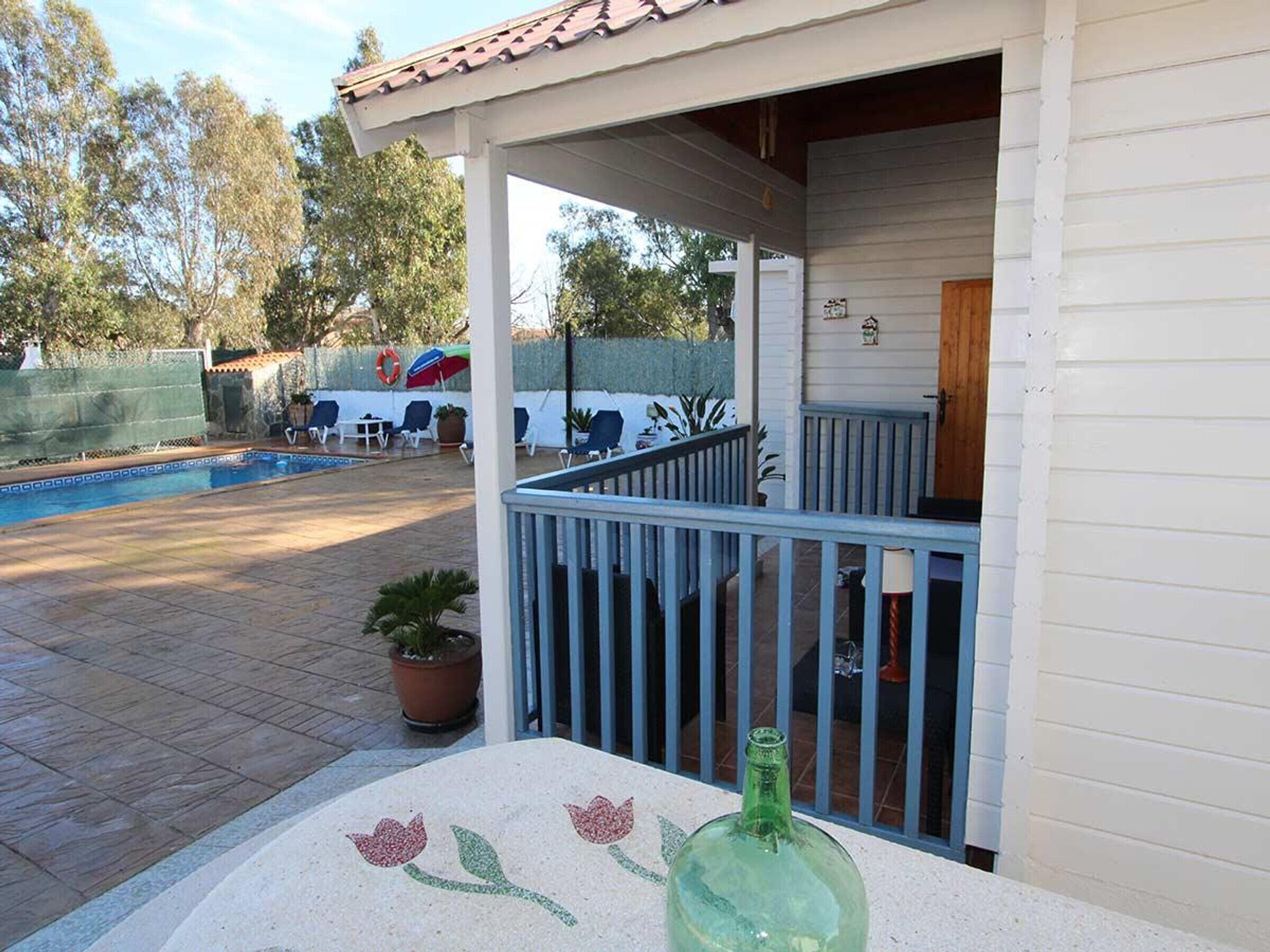 A covered patio area with a pool, outdoor seating, and a potted plant.