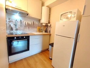 Een koelkast, een microgolfoven, een oven, een kookplaat