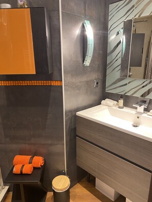 Douche, séchoir à cheveux, pantoufles, serviettes fournies