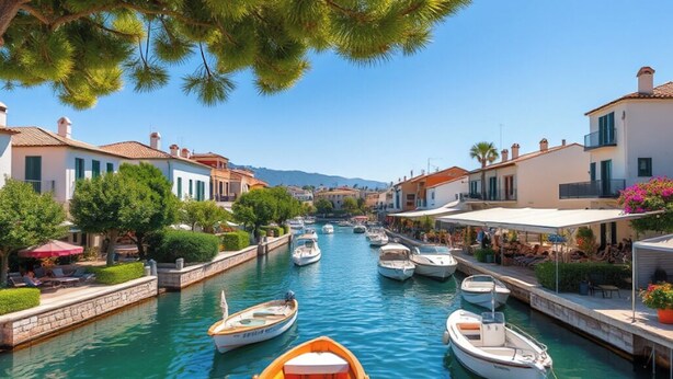 Un canal bordé de bateaux, de bâtiments et de verdure.