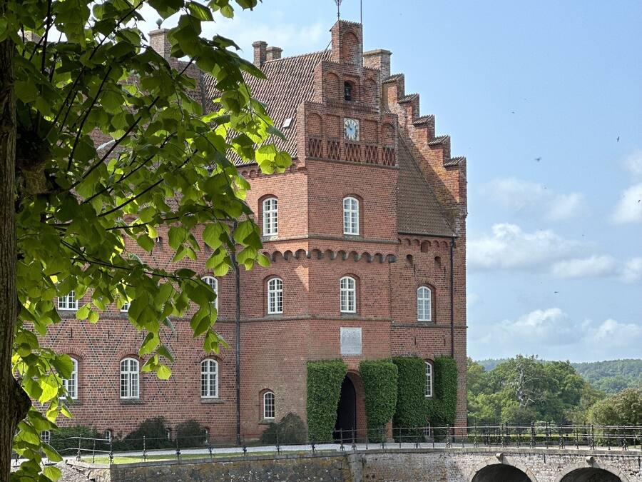 Un edificio histórico de ladrillo con una torre de reloj, rodeado por un foso y flores rosadas.