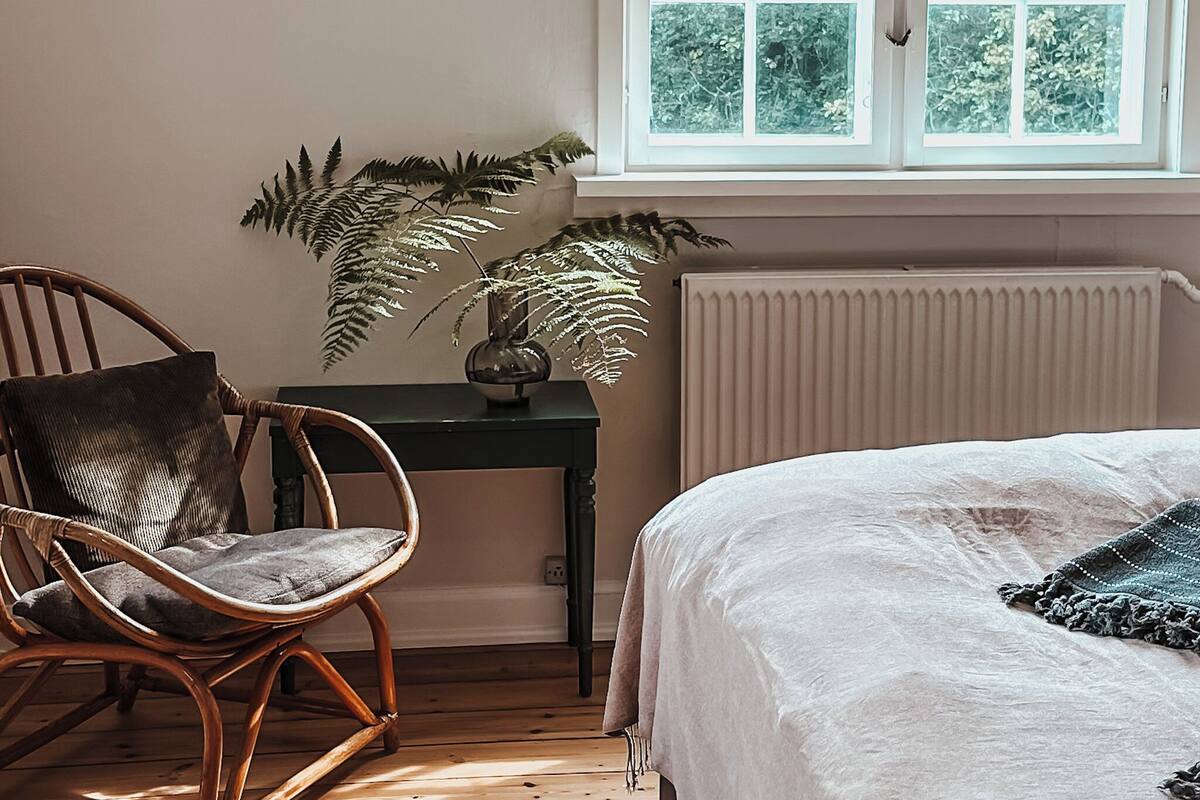 Un dormitorio con cama, una silla, una mesa, una planta en maceta y una ventana.