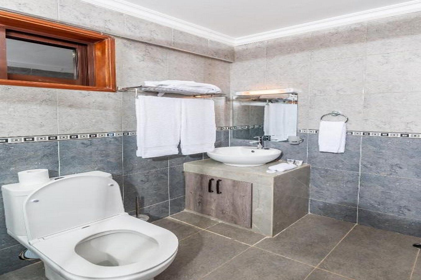 Un baño con inodoro, lavamanos y espejo.