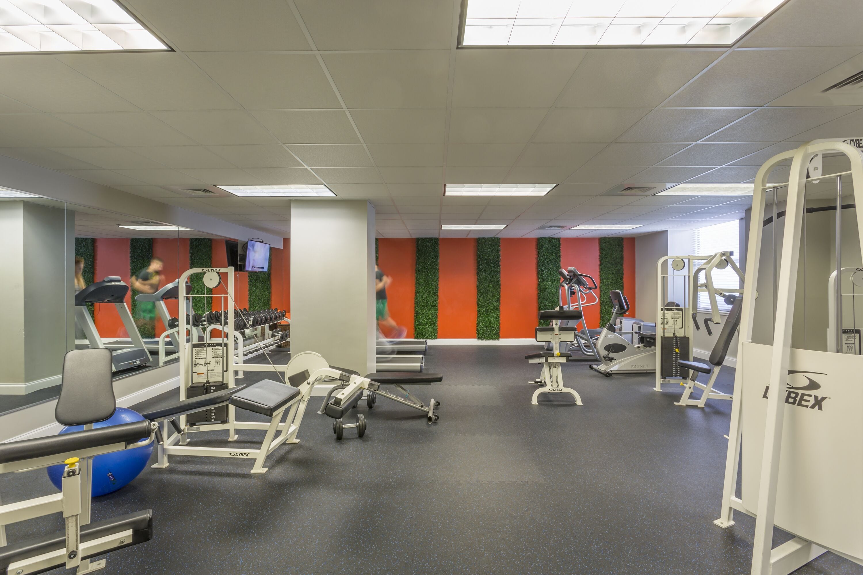 Et fitnesscenter med forskellig træningsudstyr, herunder løbebånd, styrkemaskiner og en ro-maskine.