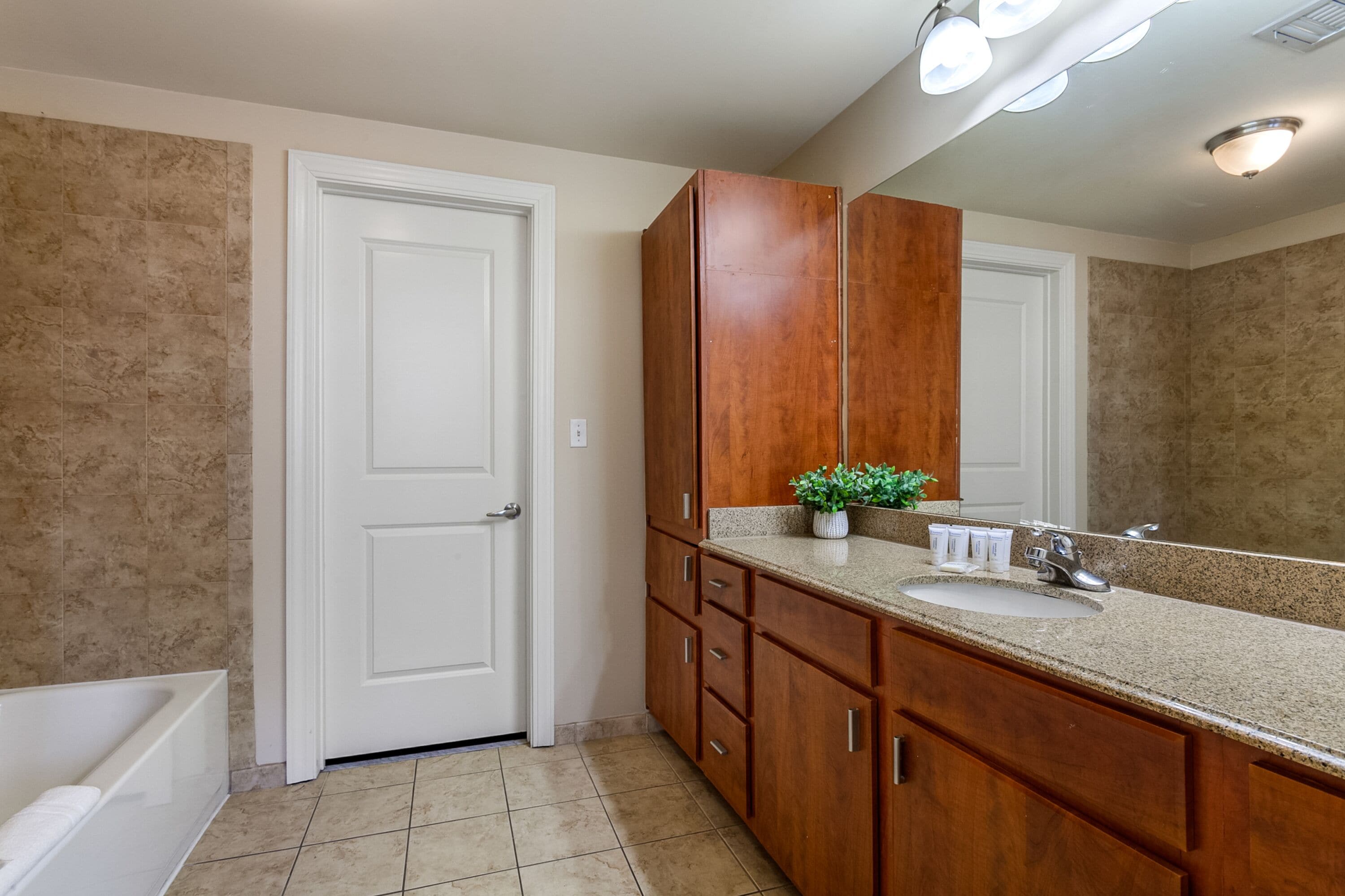 A bathroom with a wooden vanity, a large mirror, and a white door.