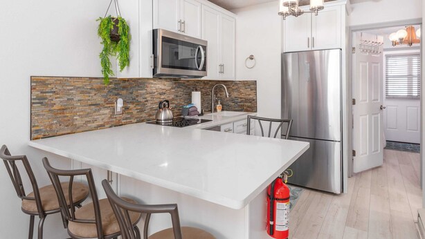 Une cuisine moderne dotée d’un îlot central, d’appareils électroménagers en acier inoxydable et d’une plante suspendue.
