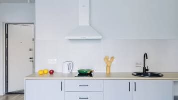 Fridge, stovetop, highchair, cookware/dishes/utensils