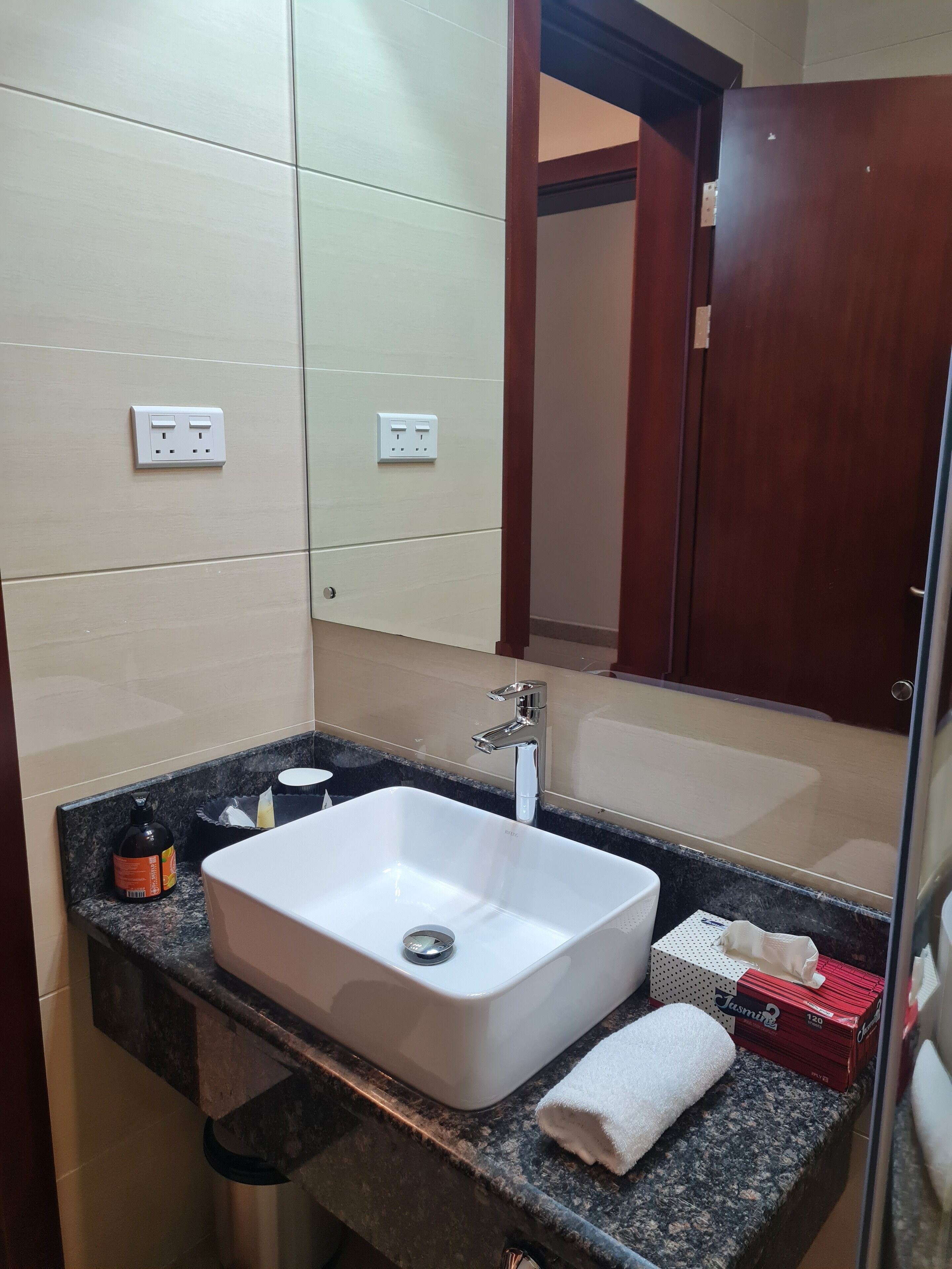 A bathroom with a white sink, a mirror, and a wooden door.