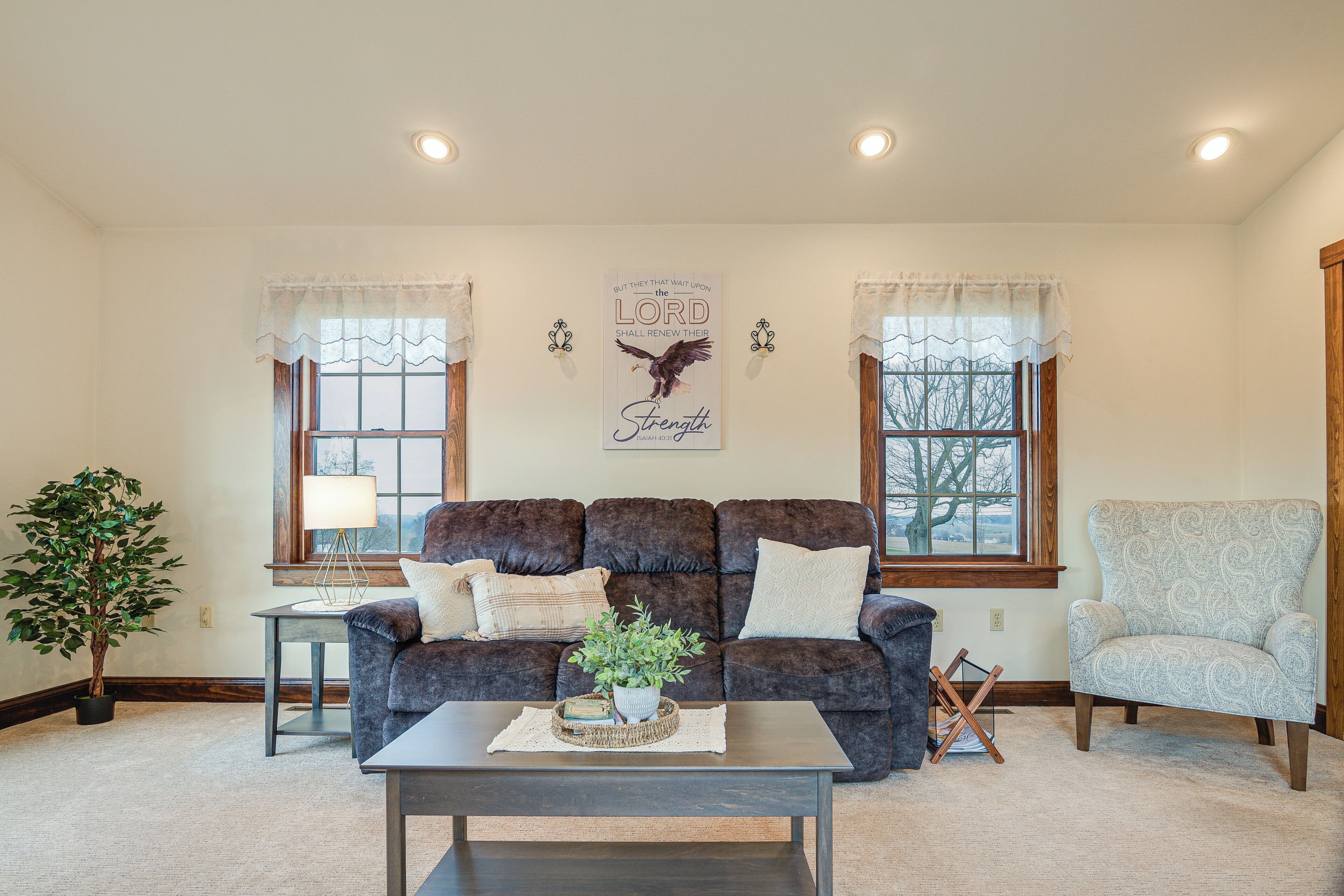 A living room with a dark brown sofa, a light patterned armchair, a coffee table, and a potted plant.