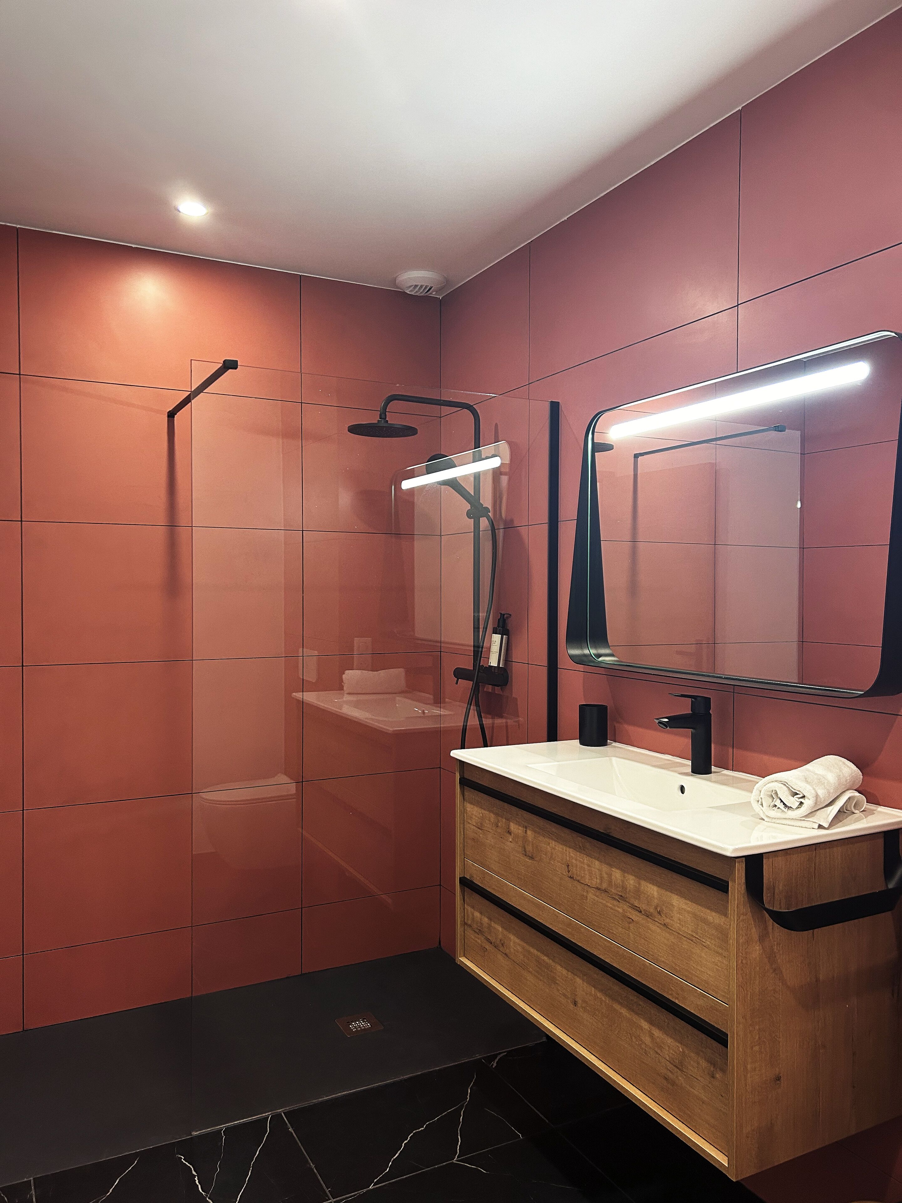 Shower, rainfall showerhead, hair dryer, towels