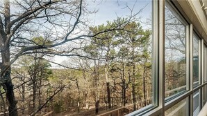 A view from a window overlooking a forested area with a wooden deck. - Eureka Springs getaway 2 acres in the center of town, super close to historic DT (Eureka Springs)