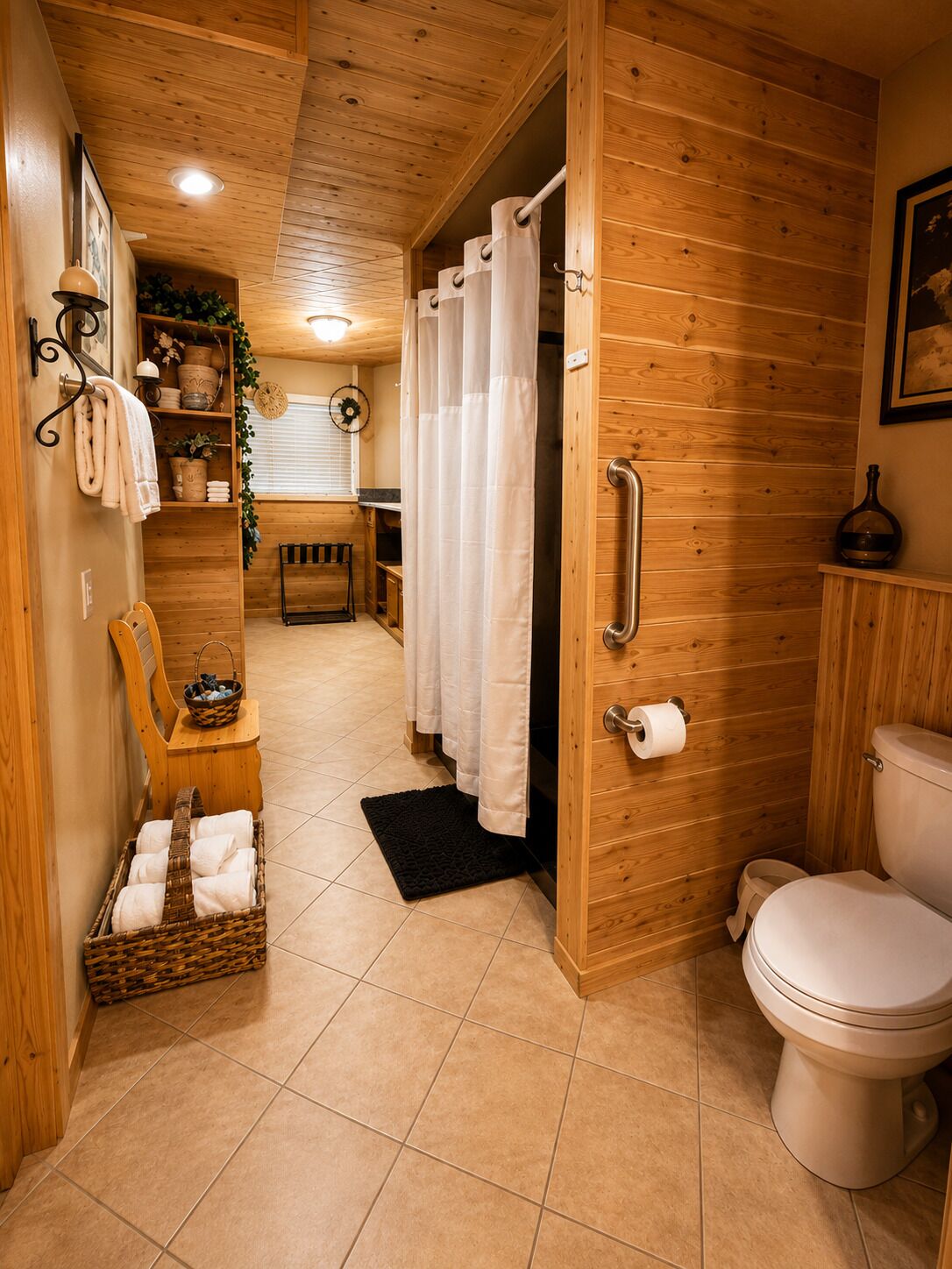 Ein Holzinnenraum mit Toilette, Dusche und einer kleinen Sitzecke mit Korb und Handtüchern.