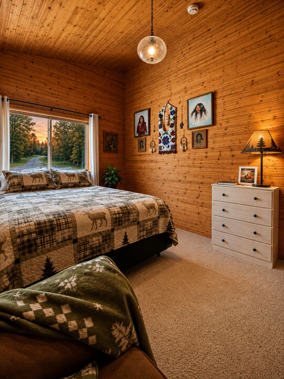 A cozy room with a bed, a dresser, and a window with a view of trees.