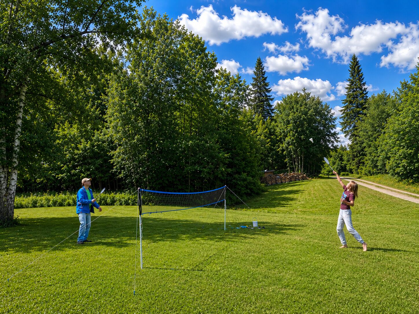 An outdoor netted area with a clear sky and trees in the background.