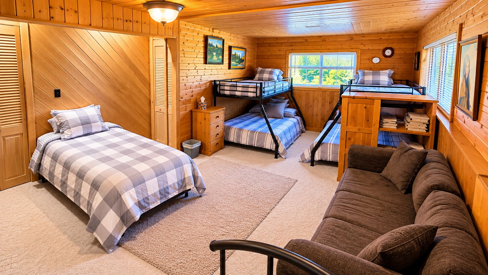 Interior de una cabaña con cama, literas, sofá, escritorio y ventana.