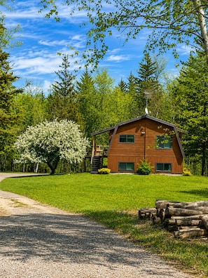 A two-story wooden cabin with a sloped roof, surrounded by a well-maintained lawn and trees.